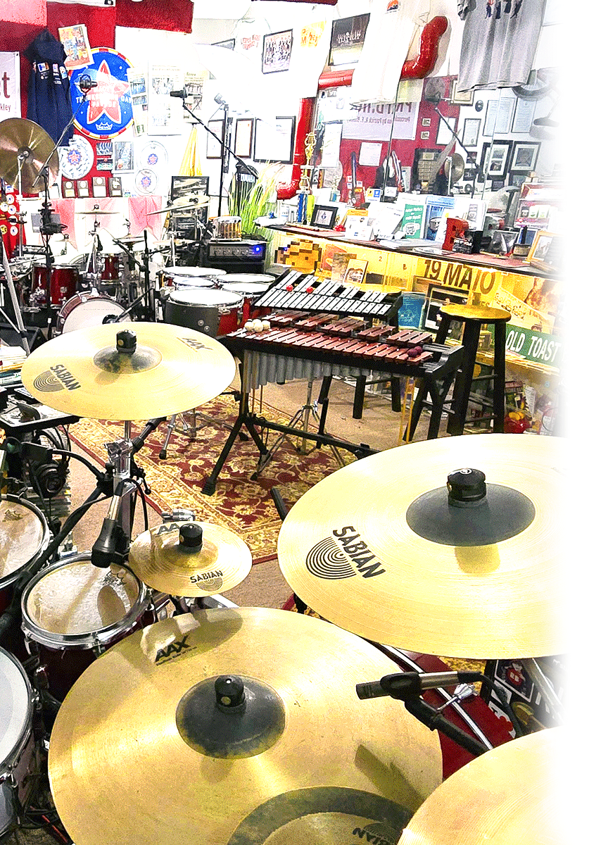 SyracuseDrums.com Percussion Studio Main Drumset An image of the SyracuseDrums studio behind the main drum set