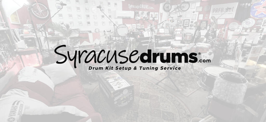 Drum Tuning and Setup Logo with Syracuse Drums Drum studio faded background behind the SyracuseDrums.com logo with Drum Tuning Service and Drum Kit Setup text.