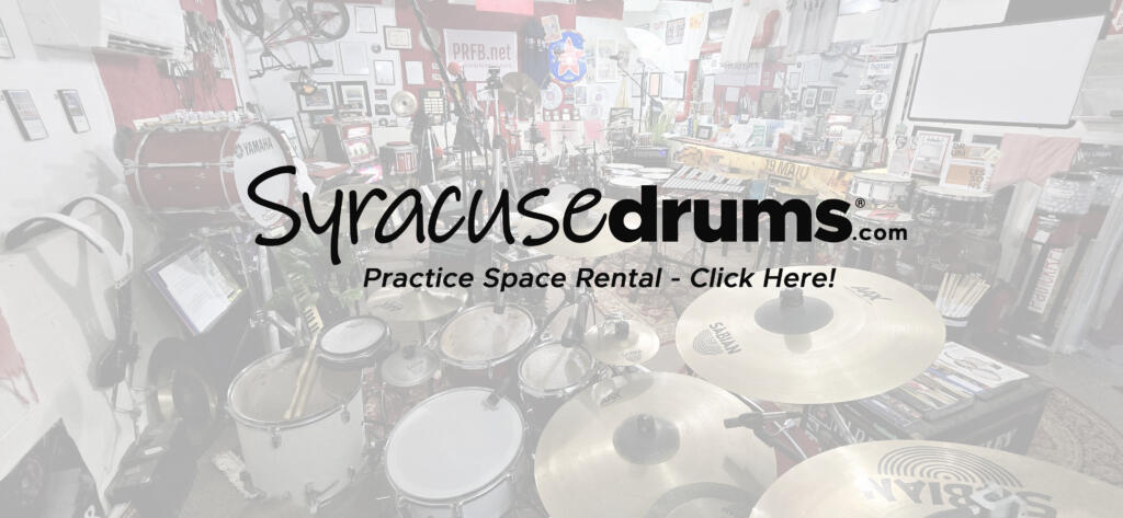 Drum Practice Space Logo with Syracuse Drums Drum studio faded background behind the SyracuseDrums.com logo with Practice Space Rental text.