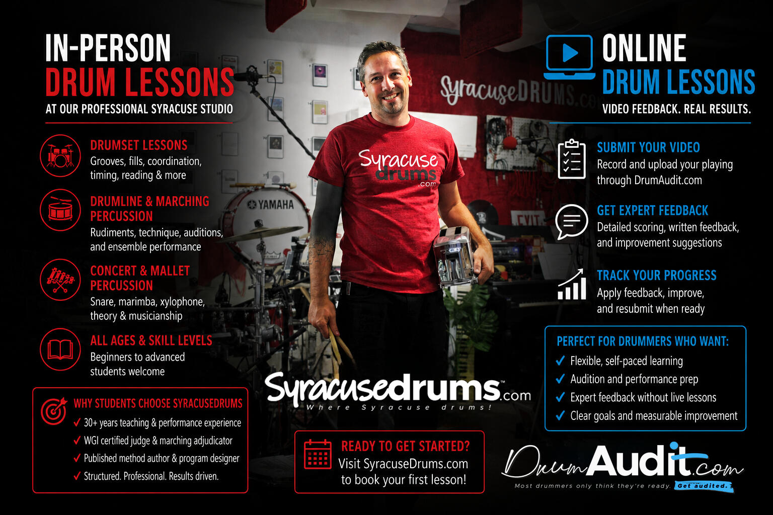 Syracuse Drums and Drum Audit Promo Image Promotional image for in-person drum lessons and digital drum lessons.